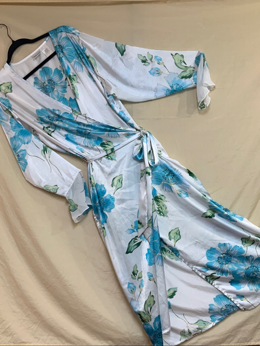 delicates Blue Floral Satin Maxi Kimono Robe Size XL